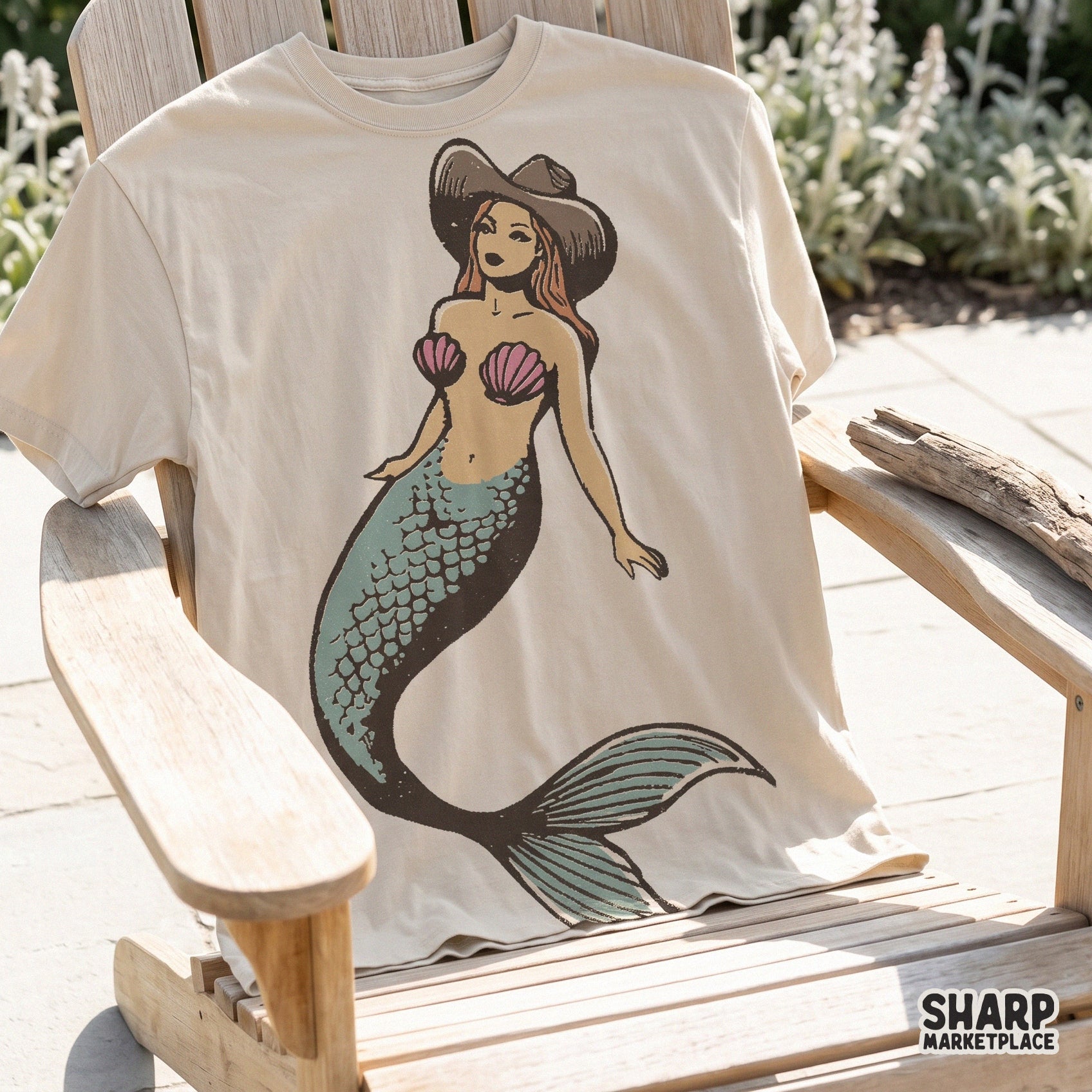Vintage cowgirl mermaid wearing a cowboy hat in a retro western summer style for beach themed sublimation and shirt designs