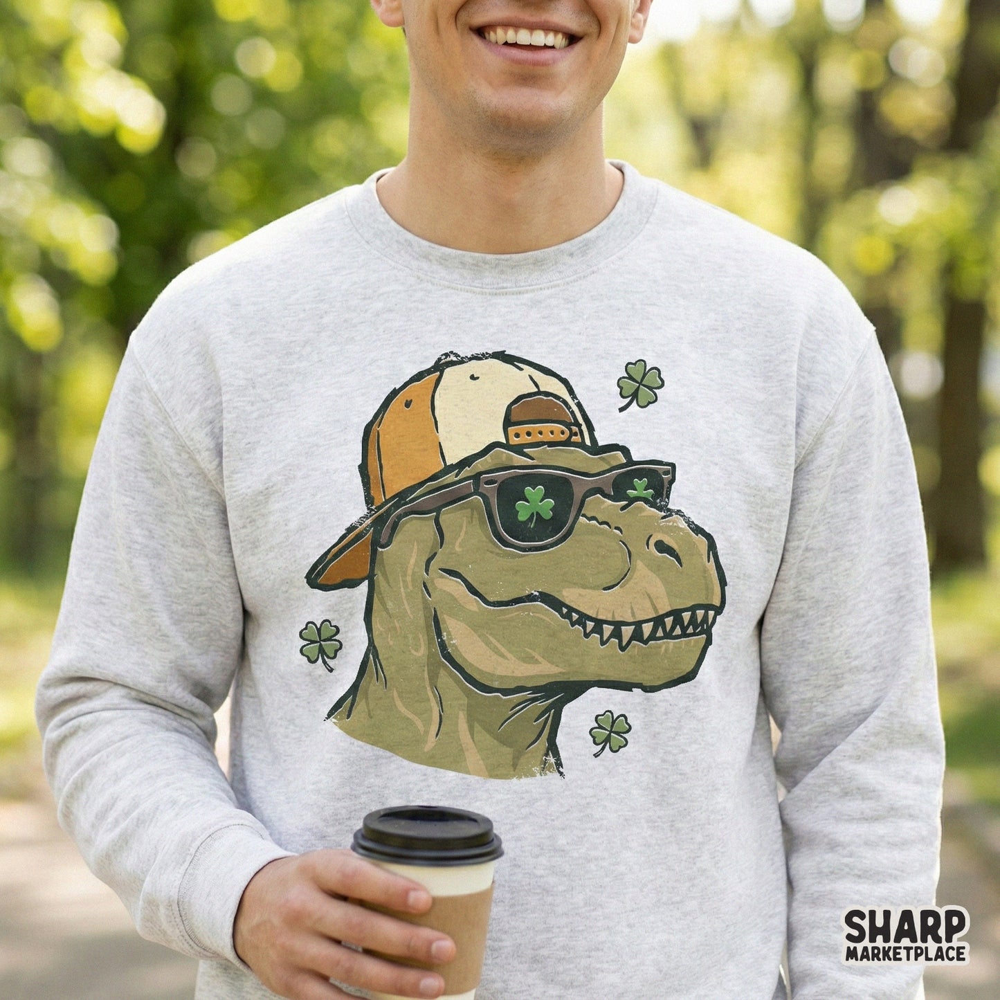 Funny T-Rex Dinosaur St Patrick Shirt, Shamrock Clover Party Tee - 300