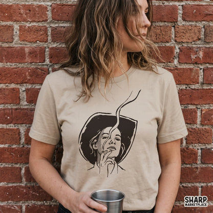 Retro smoking woman in a cowboy hat design for western png shirts and custom apparel