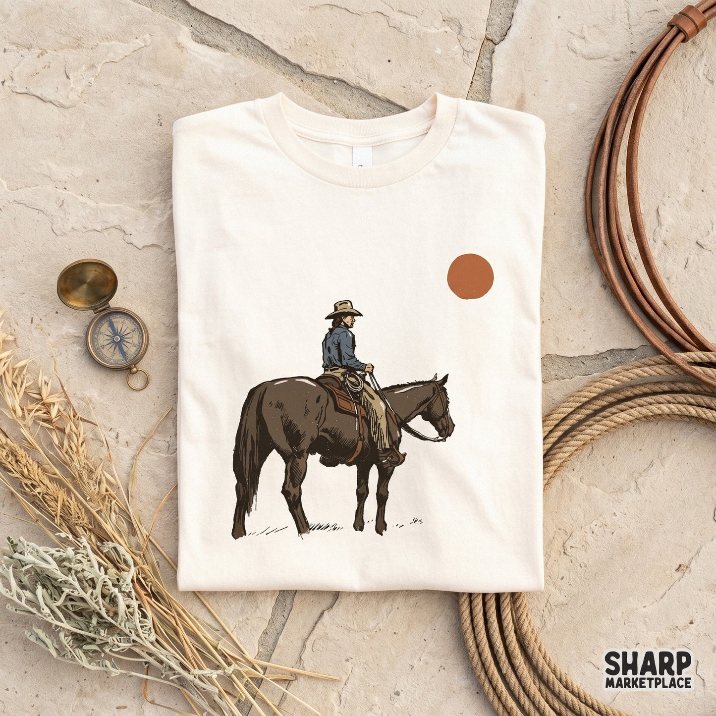 Retro cowboy silhouette on horseback in the desert for t-shirt sublimation, a vintage western png for shirt designs