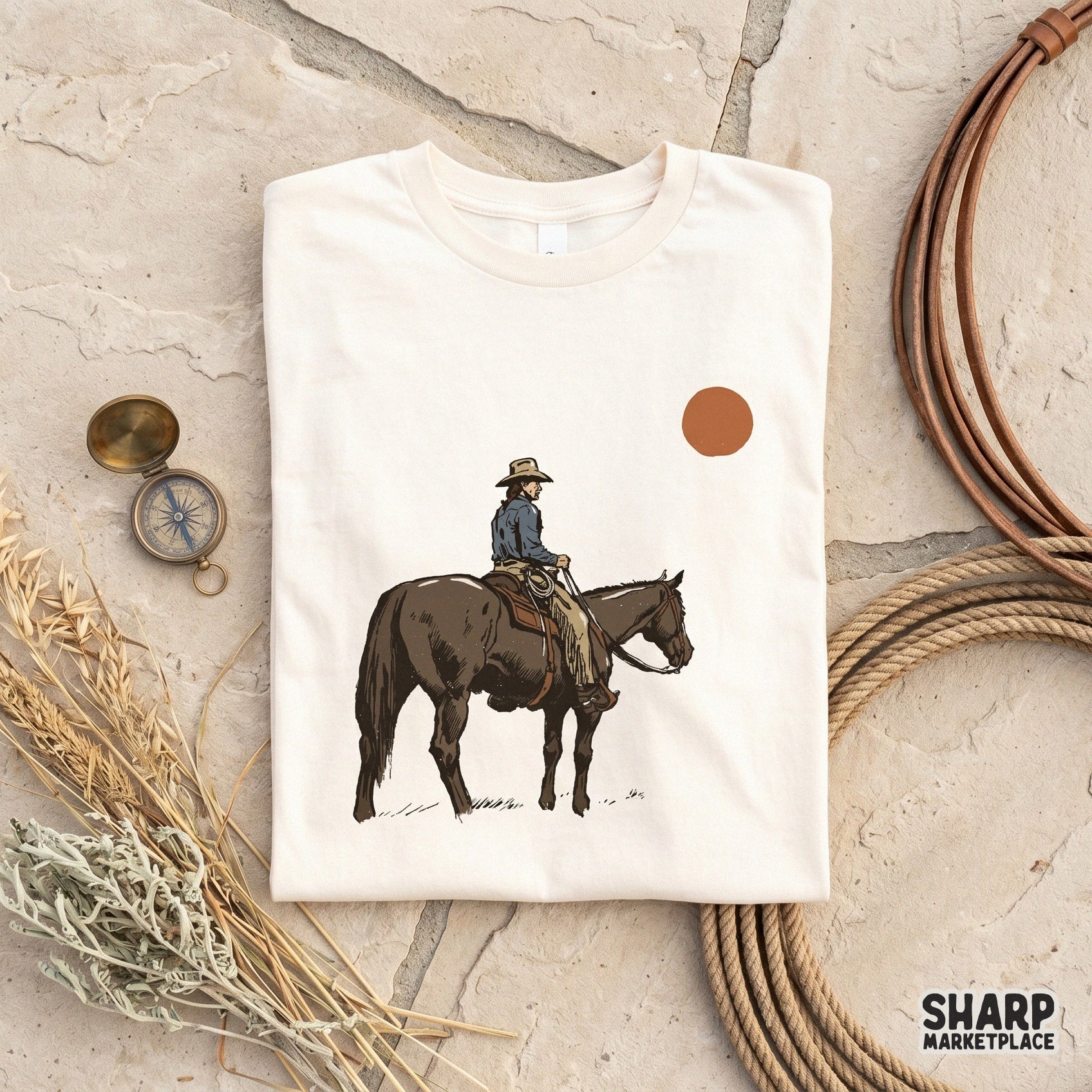Retro cowboy silhouette on horseback in the desert for t-shirt sublimation, a vintage western png for shirt designs