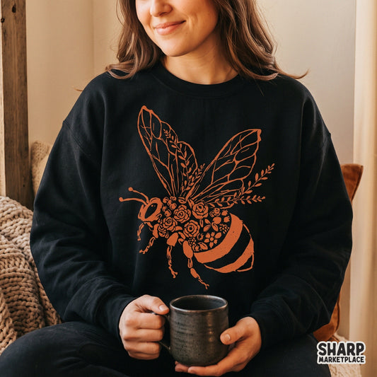 Orange floral honey bee silhouette illustration for summer shirt sublimation and spring flower digital downloads