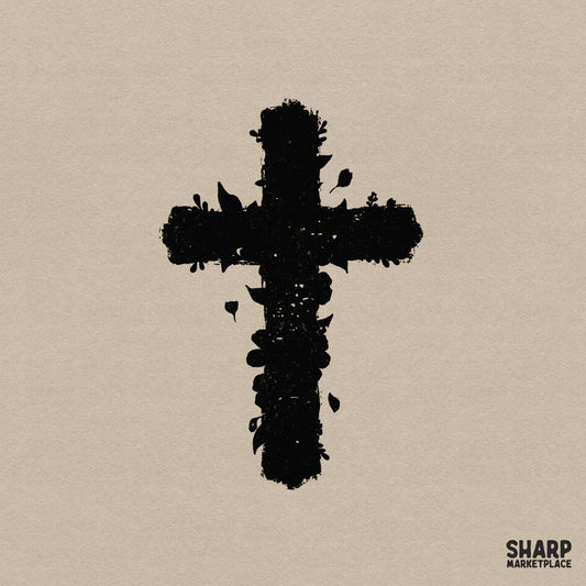 Black brushstroke cross silhouette with organic floral and leaf accents, featuring a distressed hand-painted aesthetic for Christian apparel.
