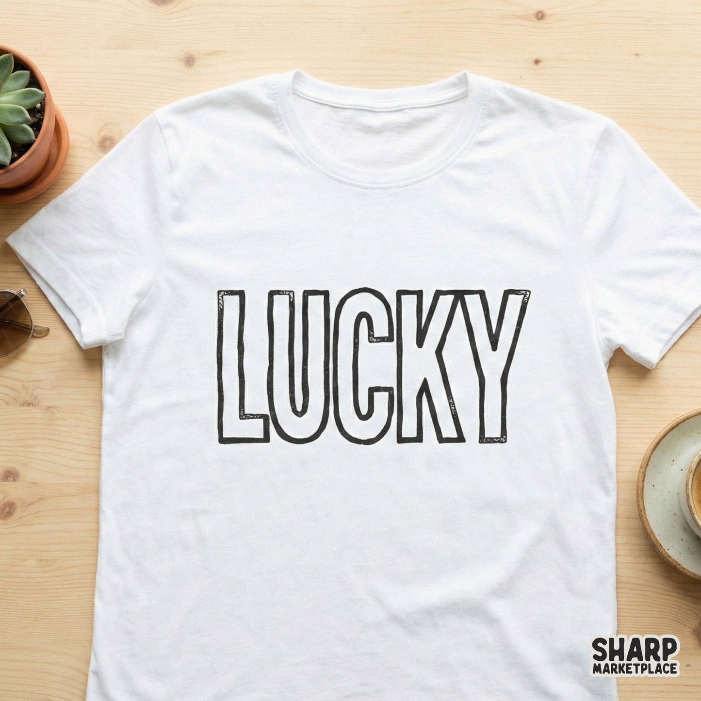 A white t-shirt mockup displaying the Lucky word art design, featuring a minimalist, hand-drawn block letter style with a textured, stamp-like outline.