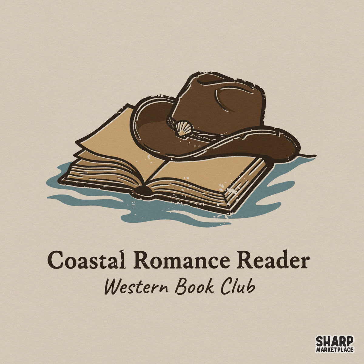 Coastal Romance Reader Western book club design featuring a cowboy hat on an open book with a seashell accent and blue watercolor splash background.