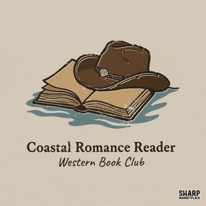 Coastal Romance Reader Western book club design featuring a cowboy hat on an open book with a seashell accent and blue watercolor splash background.