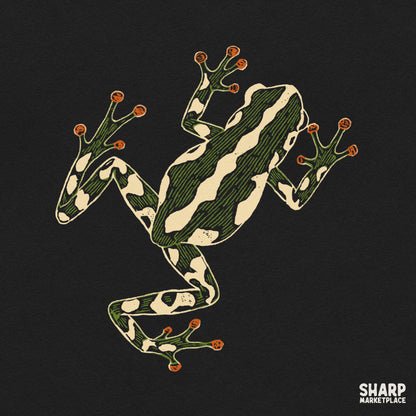 Vibrant green and black poison dart frog top down illustration for tropical amphibian shirt sublimation PNG designs