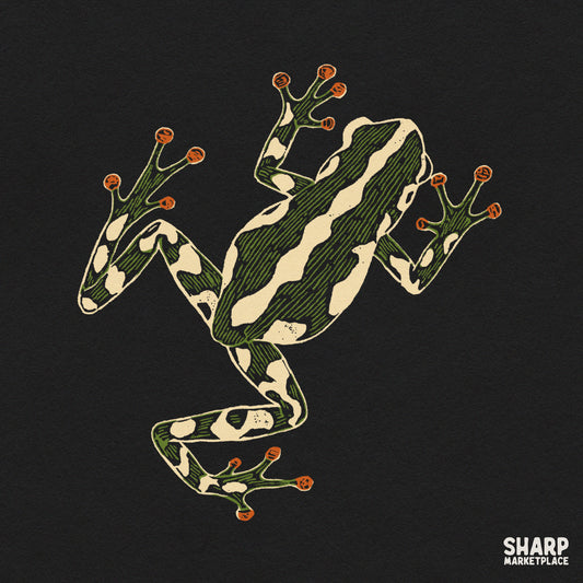 Vibrant green and black poison dart frog top down illustration for tropical amphibian shirt sublimation PNG designs