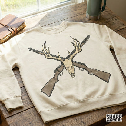 Deer Skull Antlers PNG, Crossed Rifle Hunting Design - 300 DPI Design for