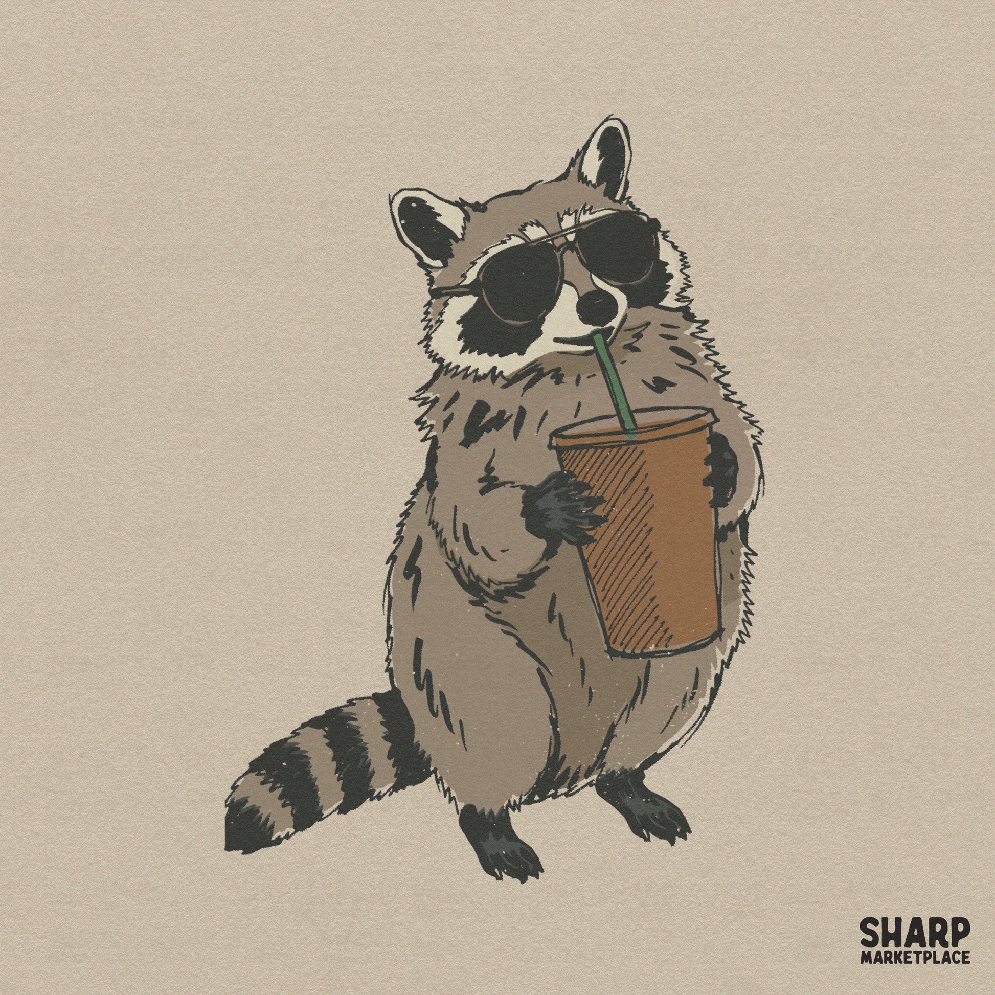 Cool raccoon wearing sunglasses drinking iced beverage retro Y2K animal meme PNG for funny sarcastic shirt designs