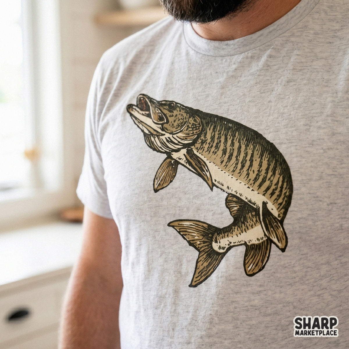 A detailed vintage muskie fish graphic printed on a light gray heather t-shirt, showcasing a rustic hand-drawn design perfect for lake life apparel.