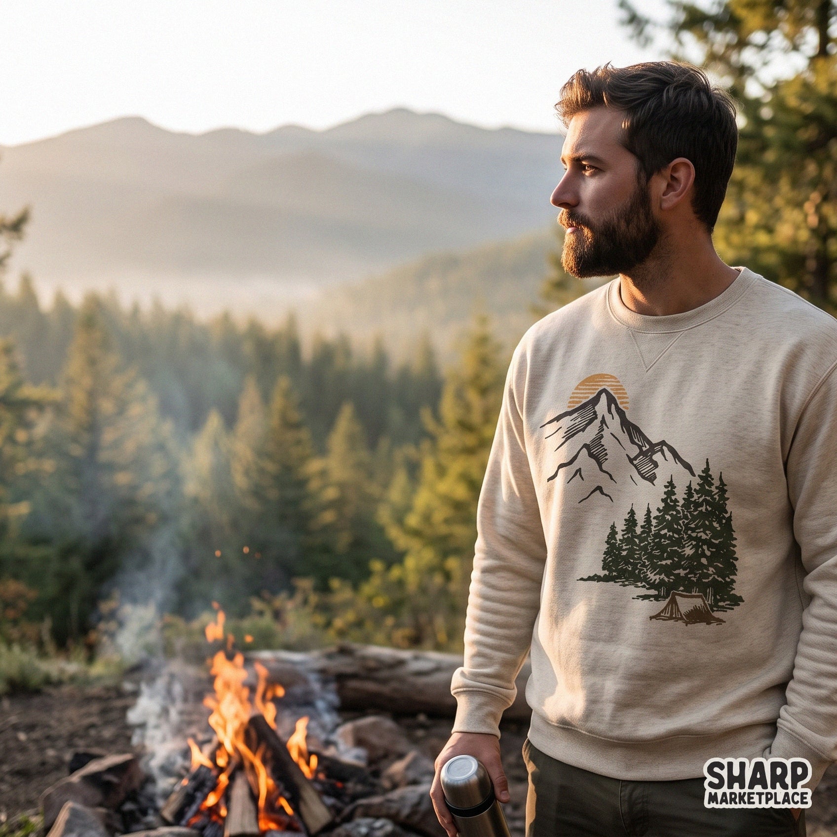 Retro mountain camping scene with pine trees and outdoor tent, trendy camping png shirt design