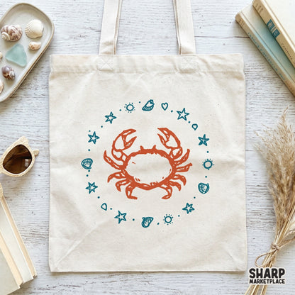 Coastal crab graphic with a vintage distressed texture, featuring a whimsical ring of oceanic elements perfect for sublimation and DTF printing.