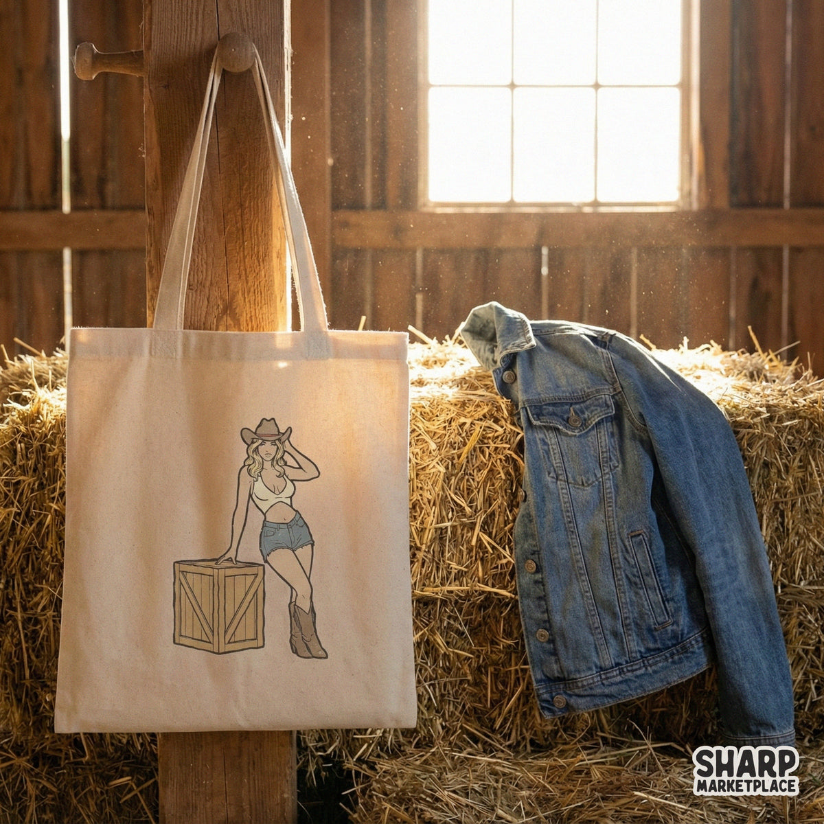 Country girl western graphic art with a vintage aesthetic, showcasing a cowgirl leaning on a crate, ideal for custom tumblers, stickers, and rustic decor.