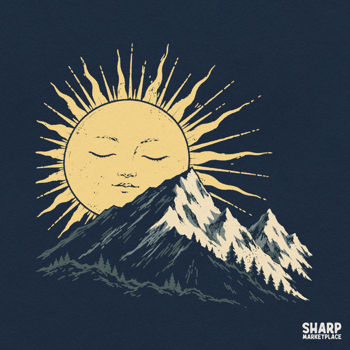 Vintage sleeping sun over mountain peak and pine trees retro camping PNG design for t-shirt prints and nature apparel