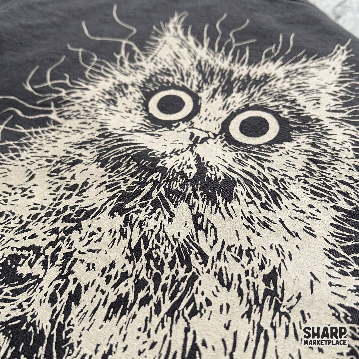 Unhinged frizzy fluffy cat with crazy wide eyes retro png graphic for trendy animal meme t-shirts and sublimation