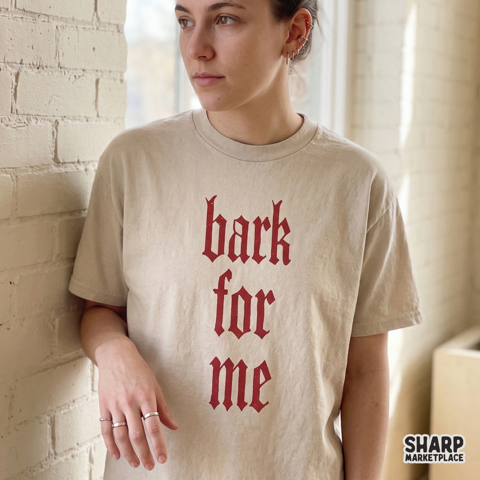 Bark For Me edgy gothic text design with a dark aesthetic for Y2K style sublimation on trendy t-shirts and hoodies