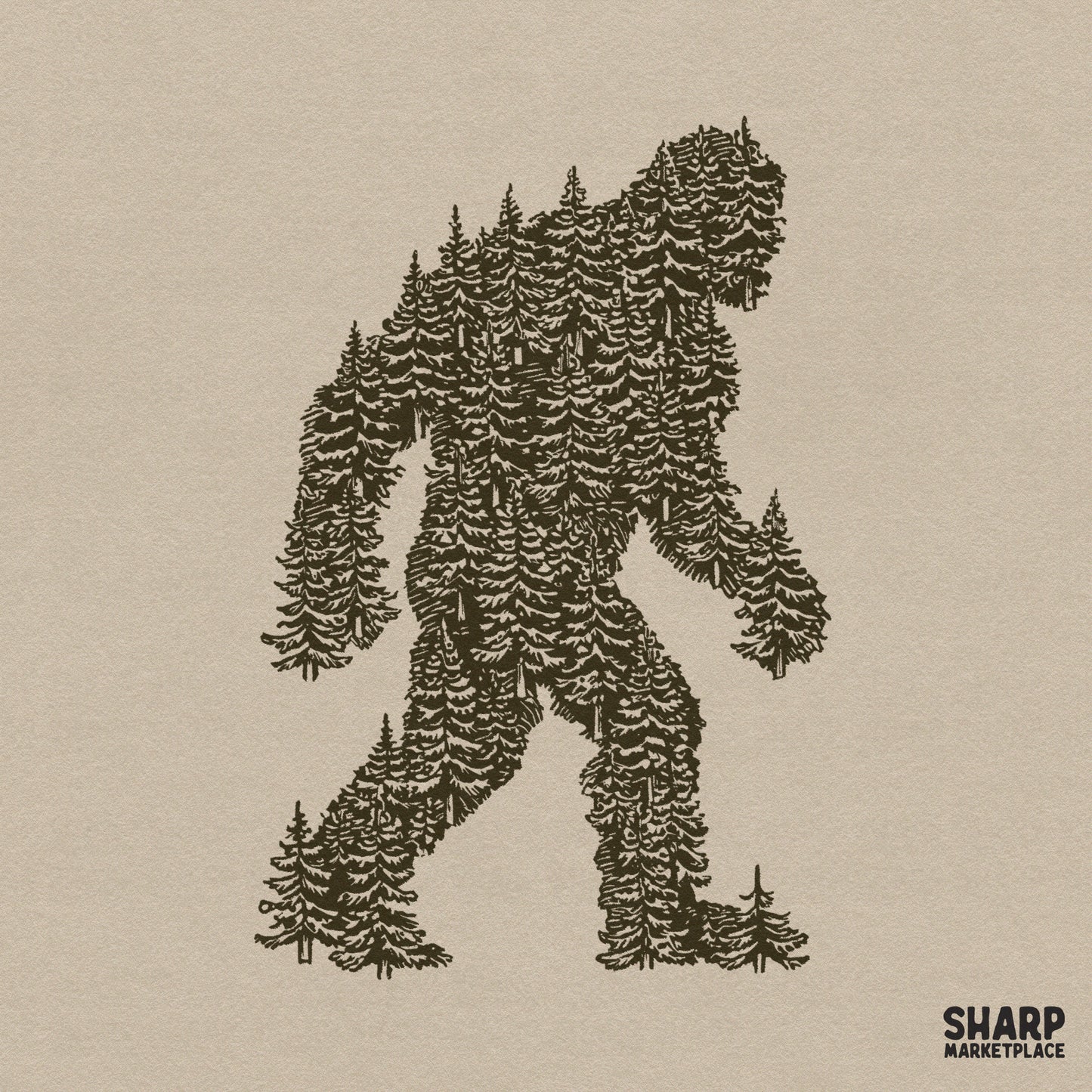 Bigfoot silhouette walking through a pine tree forest in a retro nature style for camping and sasquatch hunting shirts