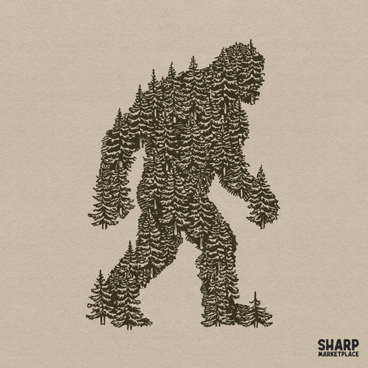 Bigfoot silhouette walking through a pine tree forest in a retro nature style for camping and sasquatch hunting shirts