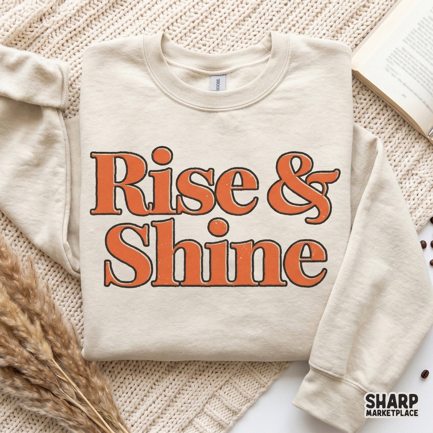 Rise and Shine trendy retro PNG with wavy typography for groovy aesthetic apparel and inspirational quote t-shirt designs