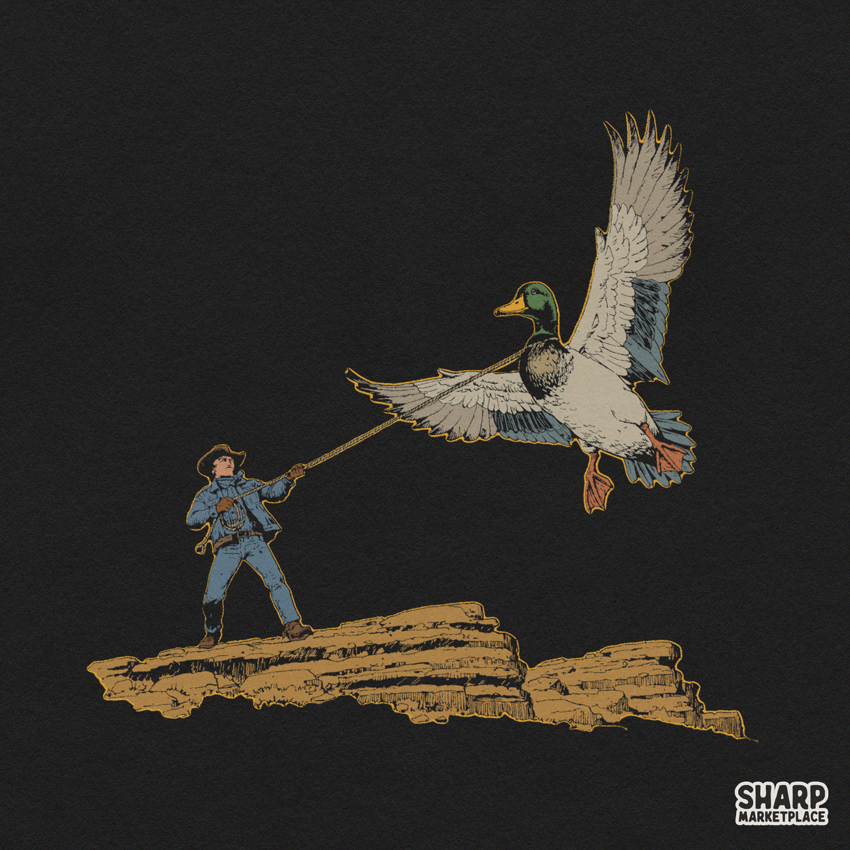 Surreal retro western cowboy lassoing a giant mallard duck PNG graphic for funny animal meme shirt designs