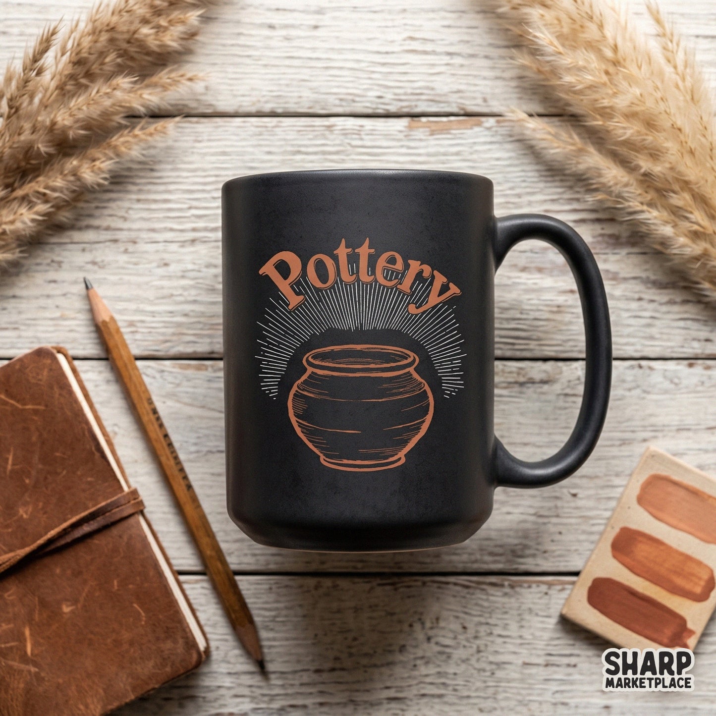 Retro pottery clay pot design with sunburst graphic for ceramic artist shirts and trendy aesthetic DIY crafts