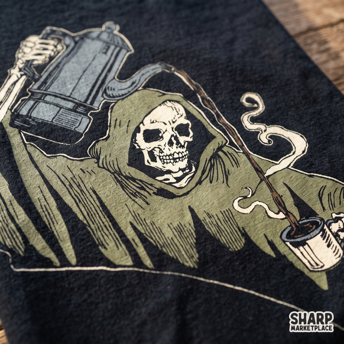 Grim reaper skeleton pouring french press coffee graphic for retro Halloween t-shirts and spooky season PNG designs