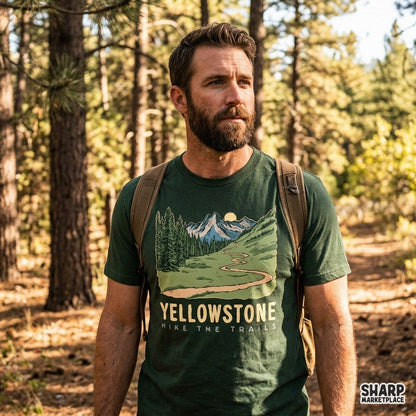 Yellowstone hike the trails vintage national park artwork digital PNG design for camping t-shirts and retro outdoor apparel