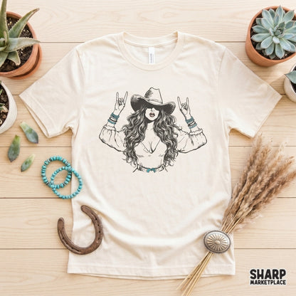 Boho western cowgirl digital design featuring wavy hair and beaded bracelets, ideal for creating custom tumblers, wall art, and trendy concert apparel.