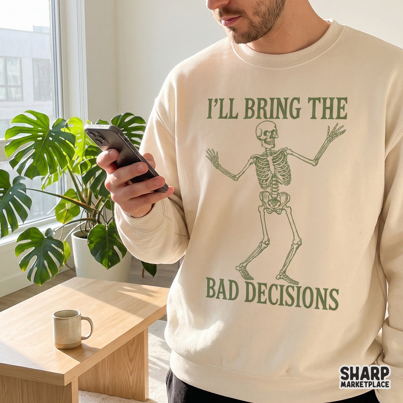 Dancing skeleton humor graphic with I'll Bring the Bad Decisions text for a sarcastic girls trip shirt sublimation design