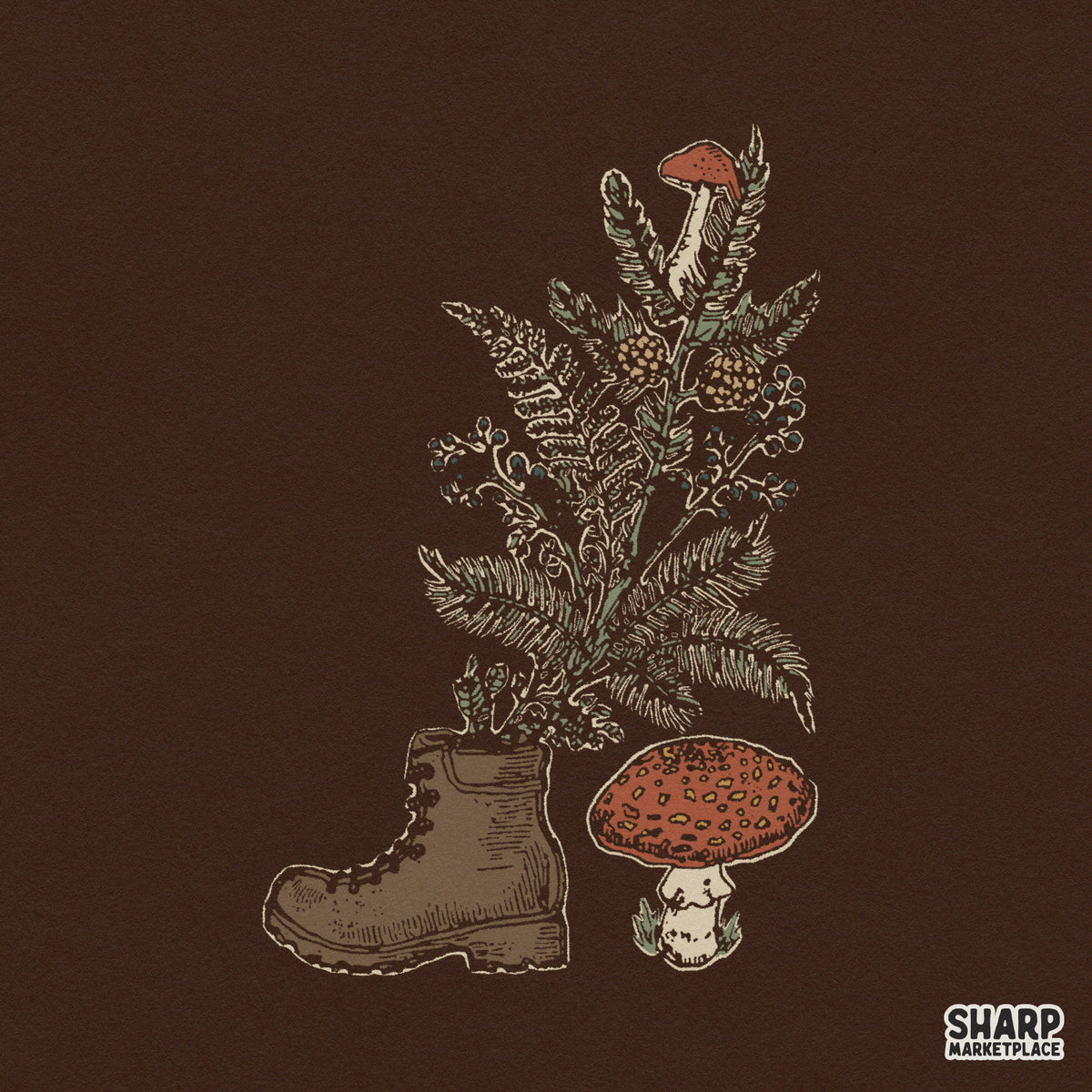 Vintage hiking boot design with growing ferns and red mushrooms for retro nature shirt prints and camping PNG sublimation