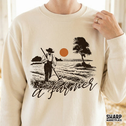 Detailed harvest illustration featuring a farmer tilling land, perfect for creating custom autumn shirts, stickers, and rustic home decor prints.