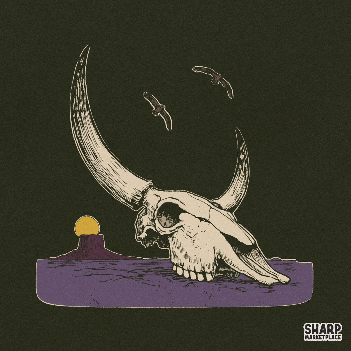 Rustic Desert Bull Horns Mesa Scene Print, Western PNG