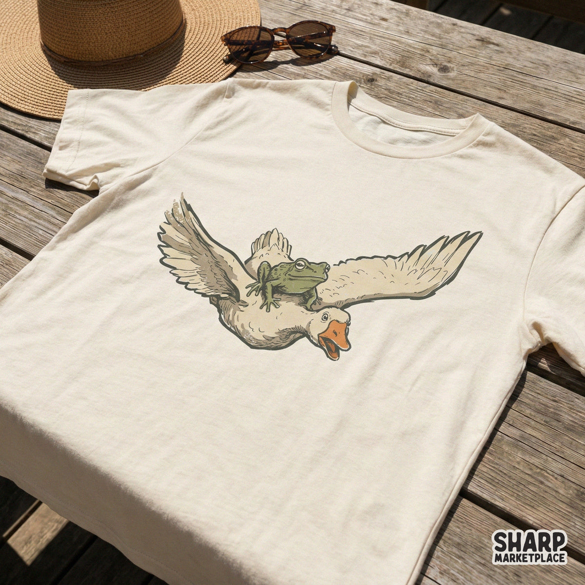 Frog Riding Duck PNG, Funny Animal Artwork, Quirky