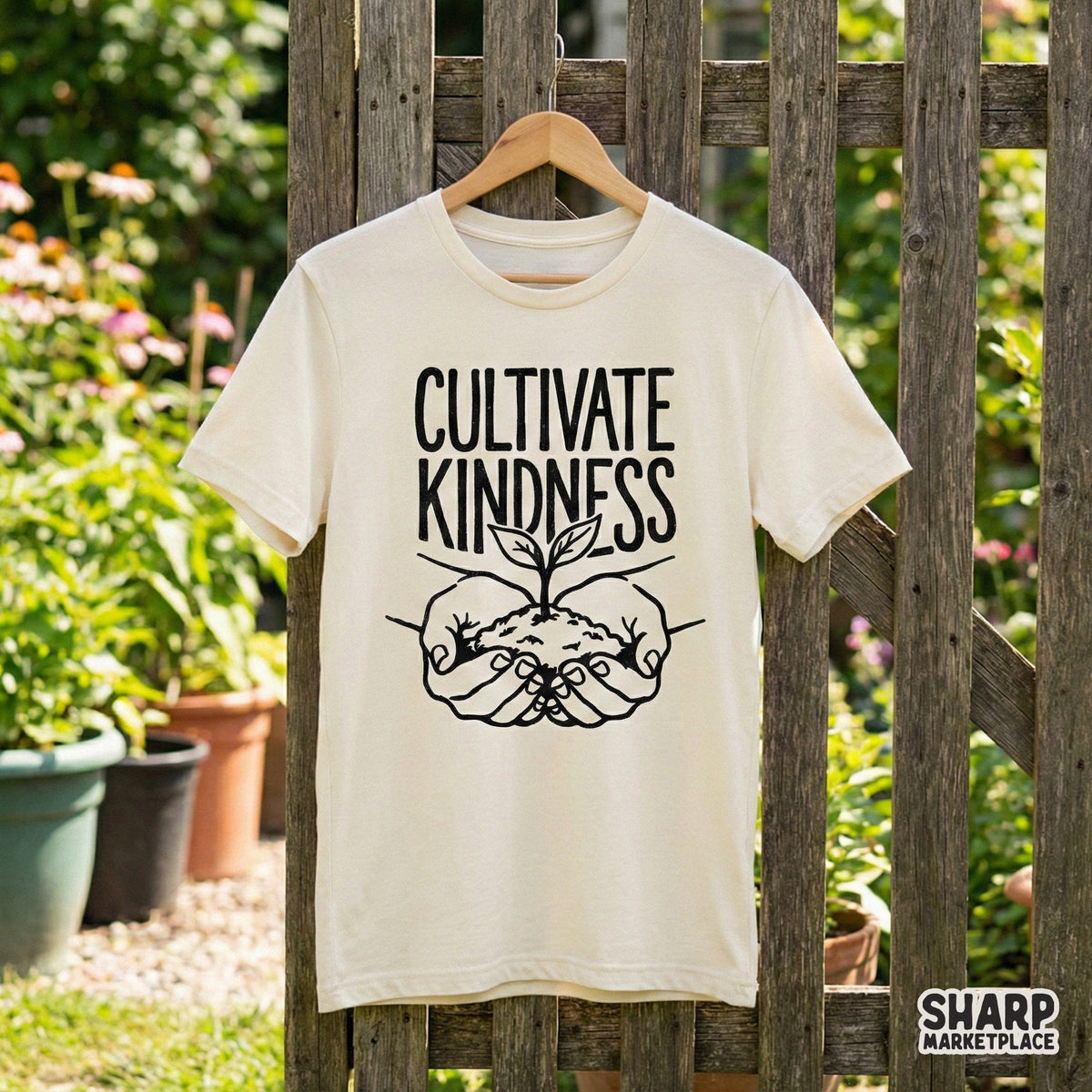 Digital graphic featuring a vintage-style hand-drawn sprout in cupped hands with the inspirational quote Cultivate Kindness for DIY shirts and stickers.