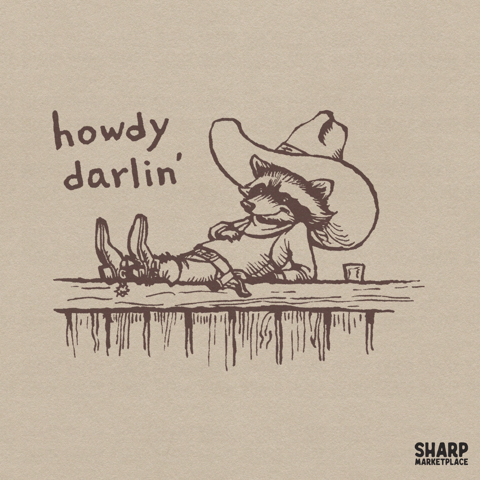 Vintage sepia line art of a laid-back raccoon wearing a cowboy hat and spurs on a fence with the text Howdy Darlin for country style sublimation.