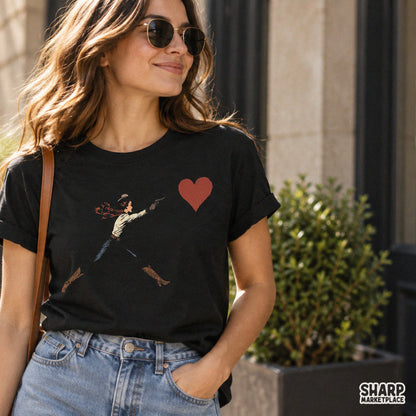 Trendy western cowgirl shooting a giant red heart illustration PNG for sarcastic Valentine shirts and apparel