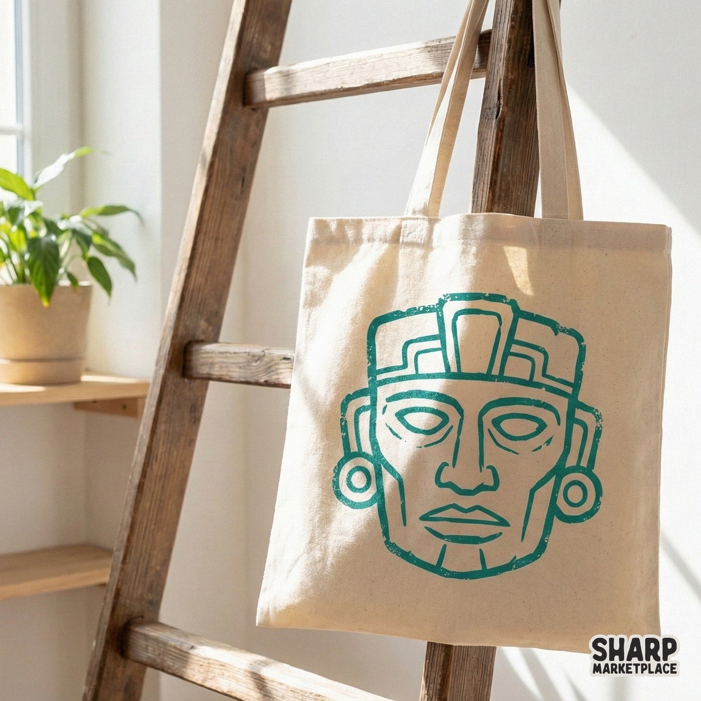 Intricate Mayan-inspired tribal mask illustration in teal with a vintage texture, suitable for stickers, posters, and unique home decor prints.