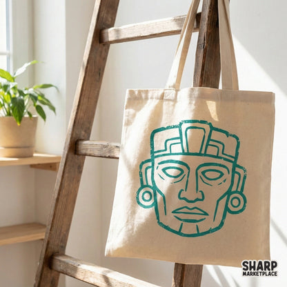 Intricate Mayan-inspired tribal mask illustration in teal with a vintage texture, suitable for stickers, posters, and unique home decor prints.