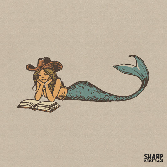Coastal western mermaid reading a book PNG graphic for retro cowgirl shirt sublimation and summer apparel