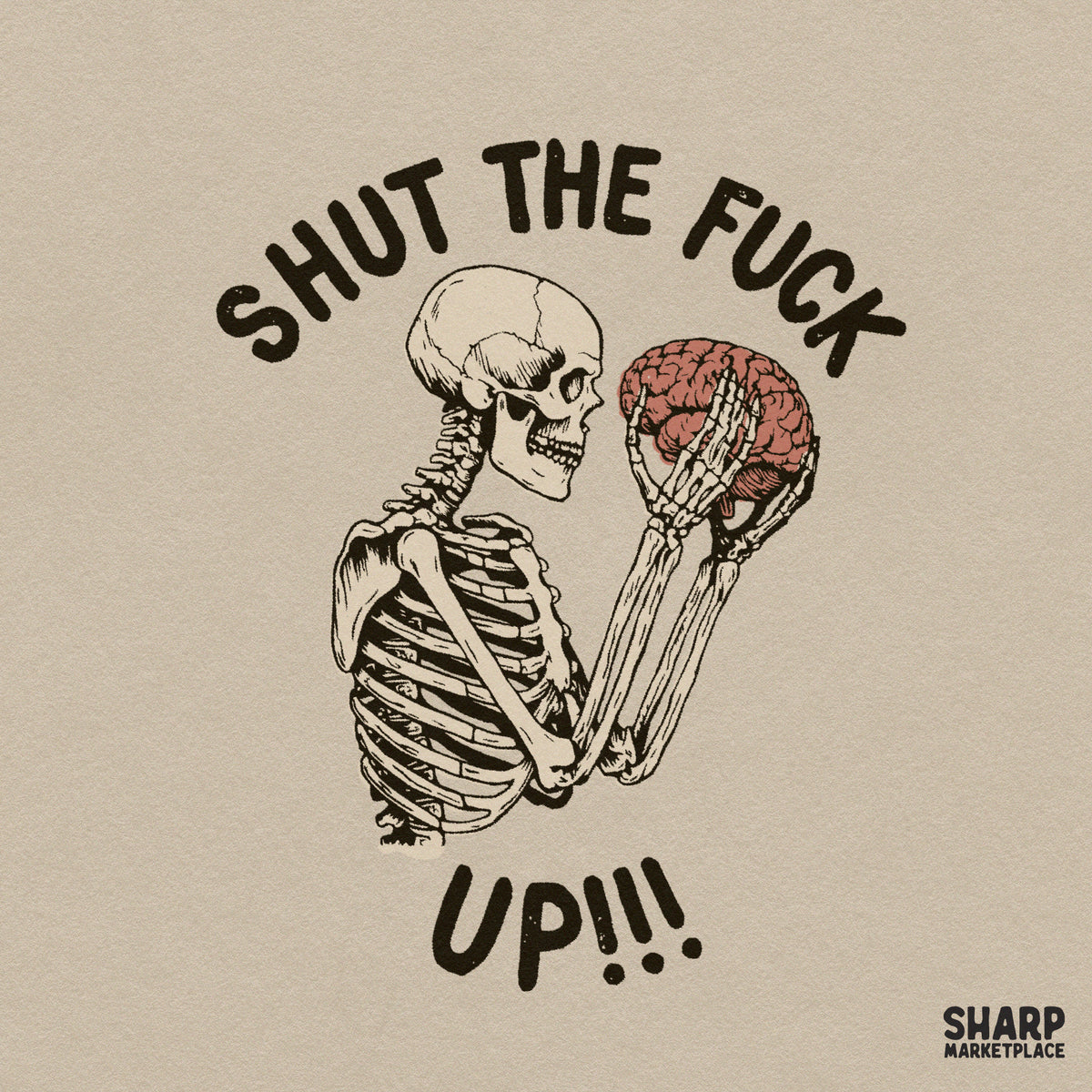 Sarcastic skeleton holding a brain PNG graphic for edgy dark humor retro skull sublimation t-shirts