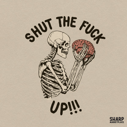 Sarcastic skeleton holding a brain PNG graphic for edgy dark humor retro skull sublimation t-shirts