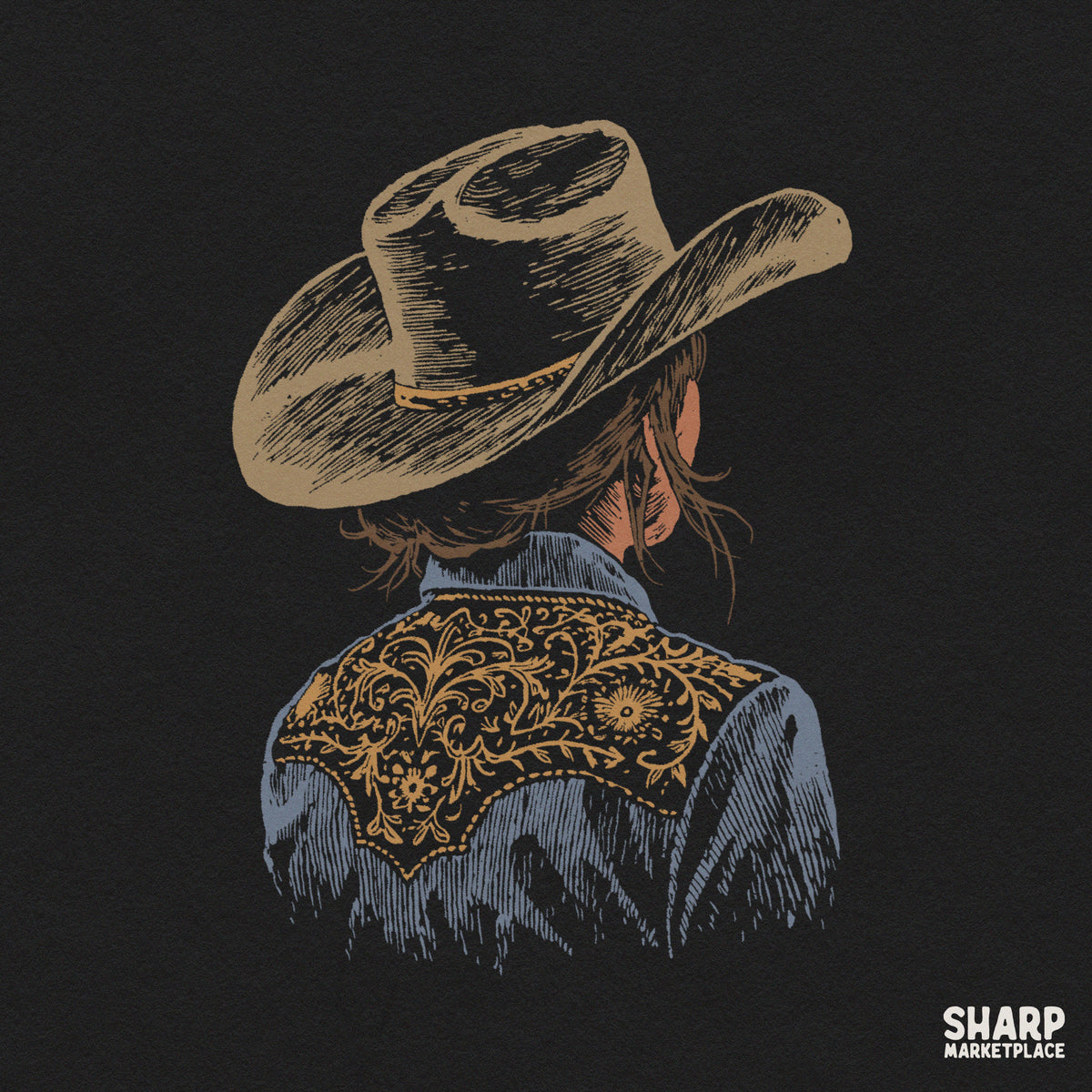 Back view of a cowgirl wearing a floral embroidered shirt and hat in a trendy retro western PNG design for t-shirts