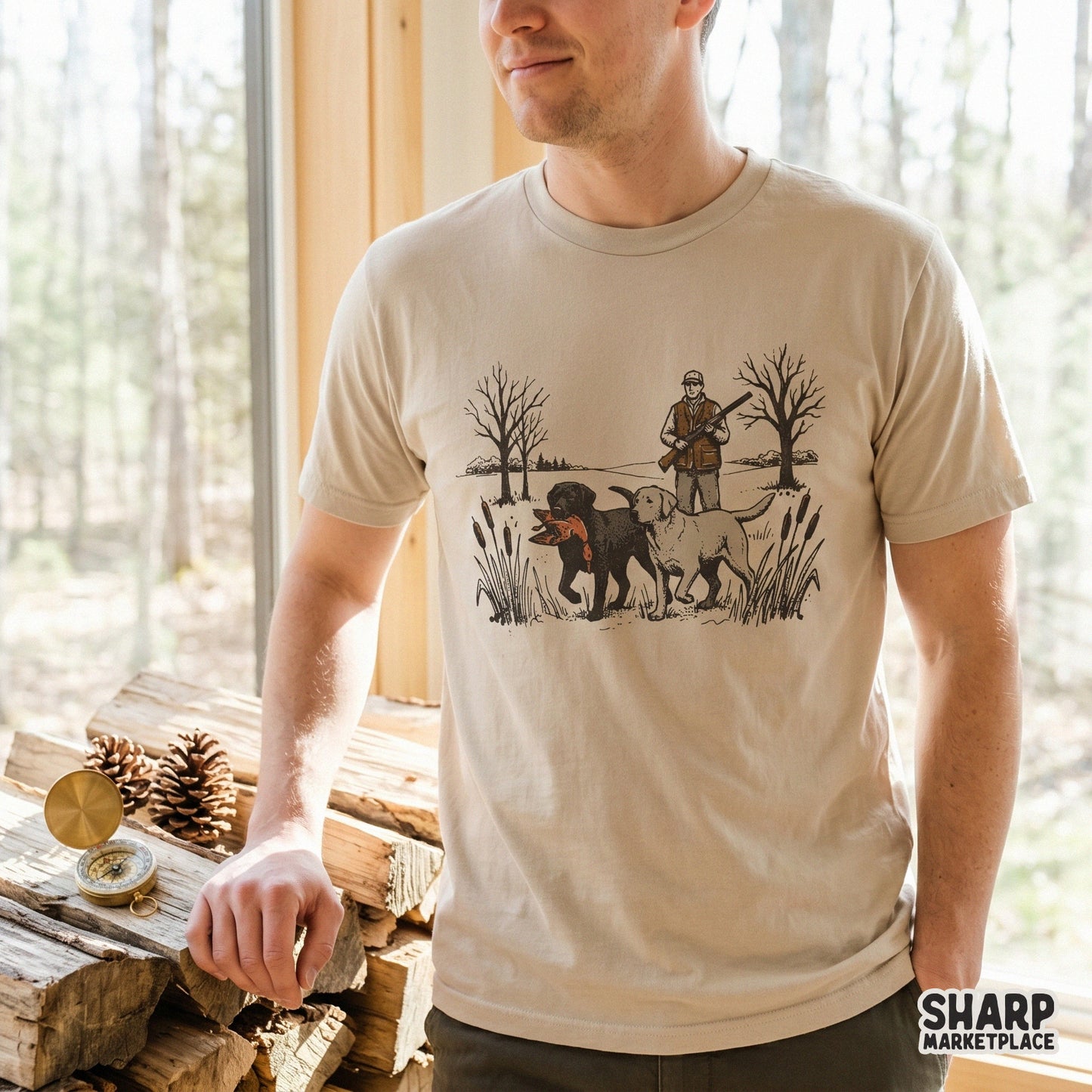 Detailed hand-drawn hunting scene with a man and two labrador retrievers in a winter field, displayed as a rustic graphic for t-shirt printing.