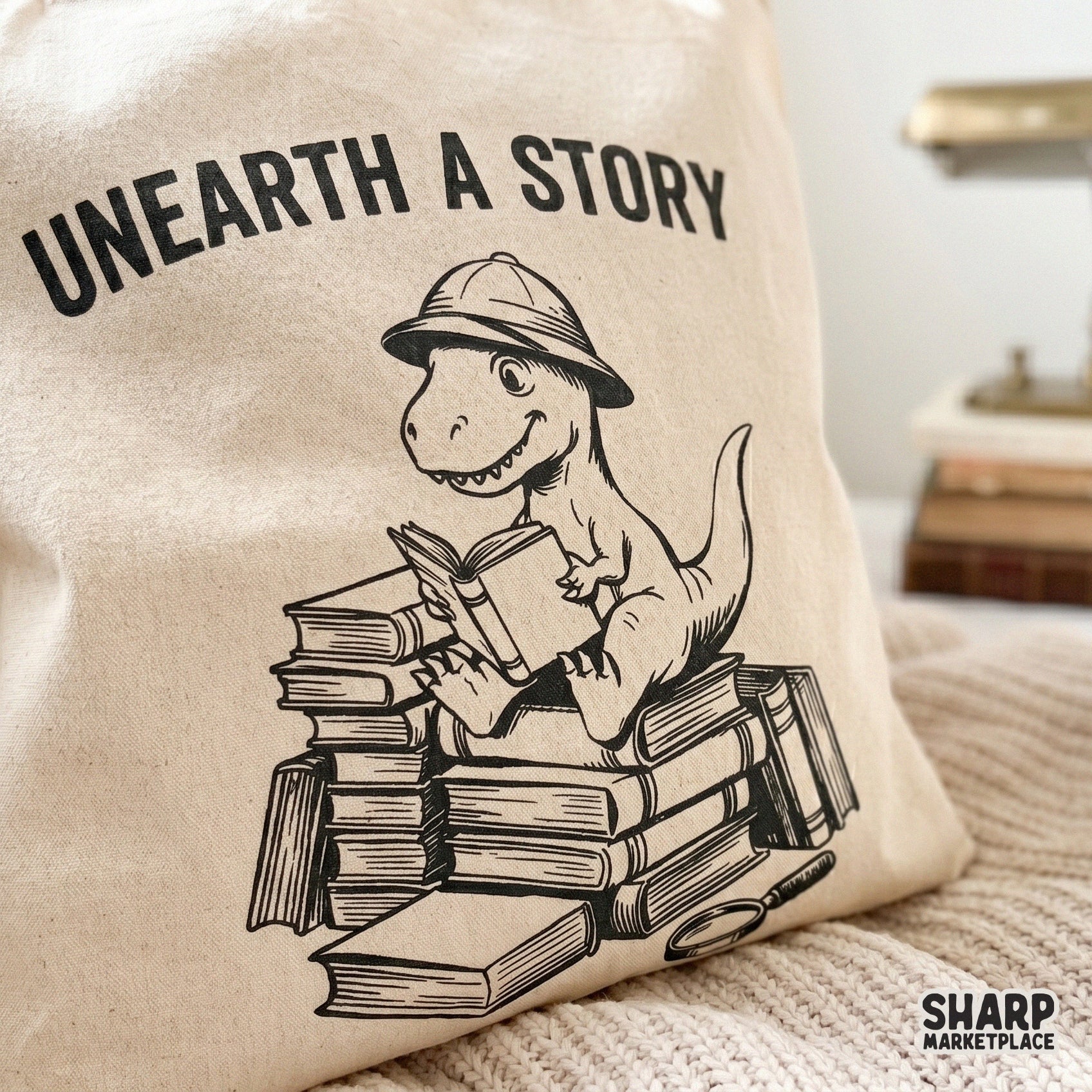 Funny retro T-Rex dinosaur reading a book for a cute kids school teacher shirt design