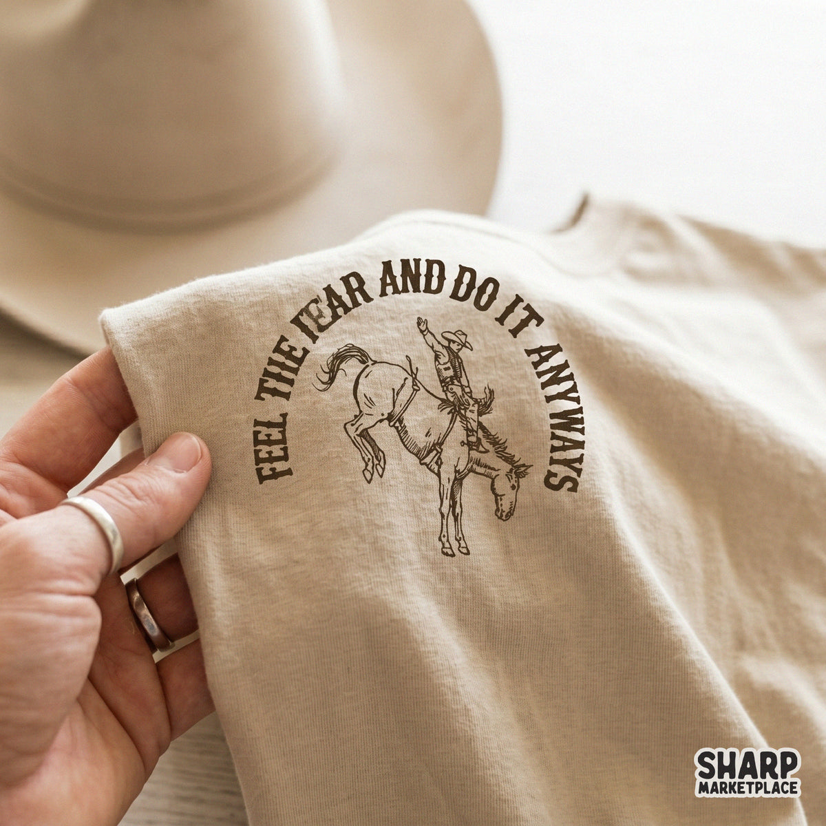 Vintage style rodeo illustration with a bucking horse and inspirational quote, ideal for sublimation transfers, stickers, and country-western decor.