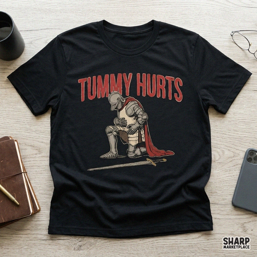 Funny medieval knight leaning on sword meme design for sarcastic tummy ache survivor t-shirt digital PNG