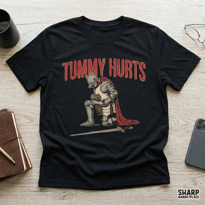 Funny medieval knight leaning on sword meme design for sarcastic tummy ache survivor t-shirt digital PNG