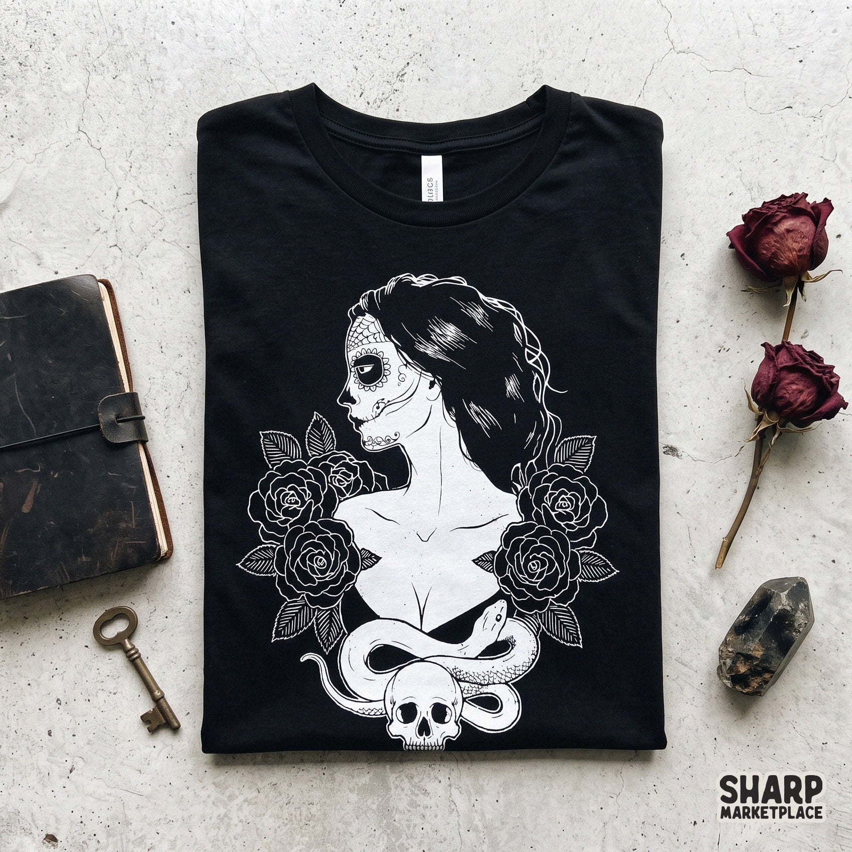 Gothic sugar skull woman with roses and a snake halloween png design for spooky season sublimation shirts