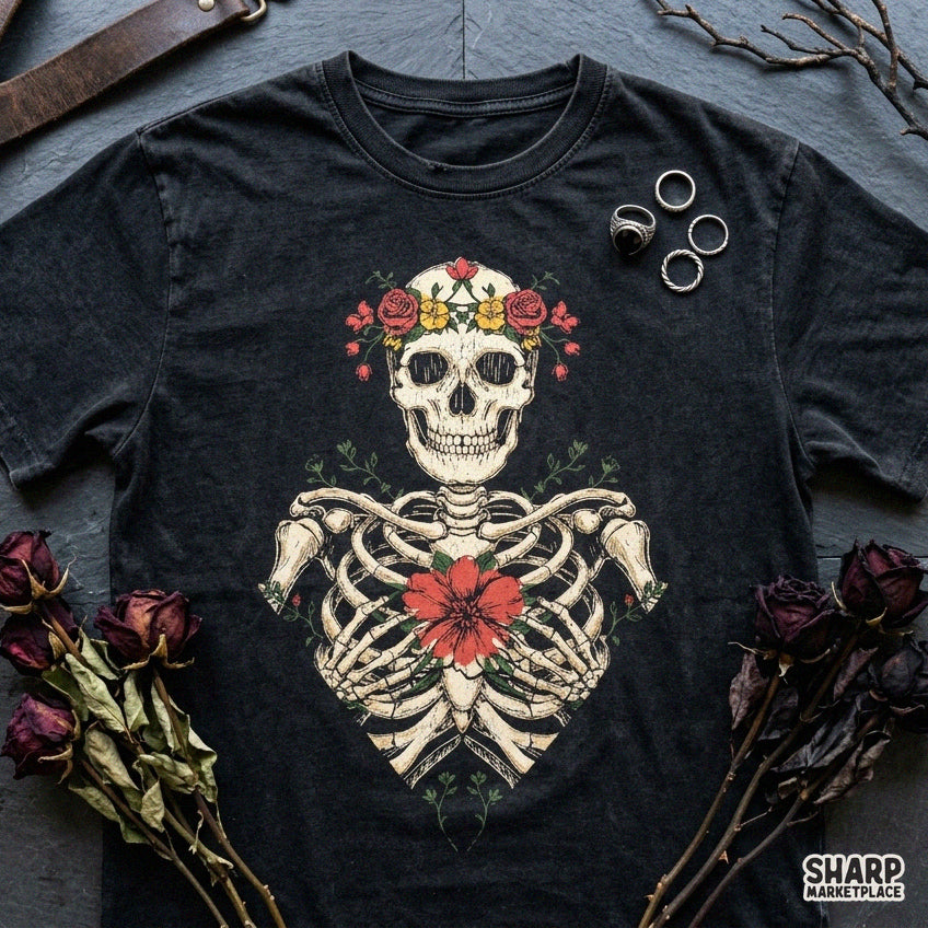 Floral skeleton torso with red bloom and flower crown Halloween skull PNG sublimation design for shirts
